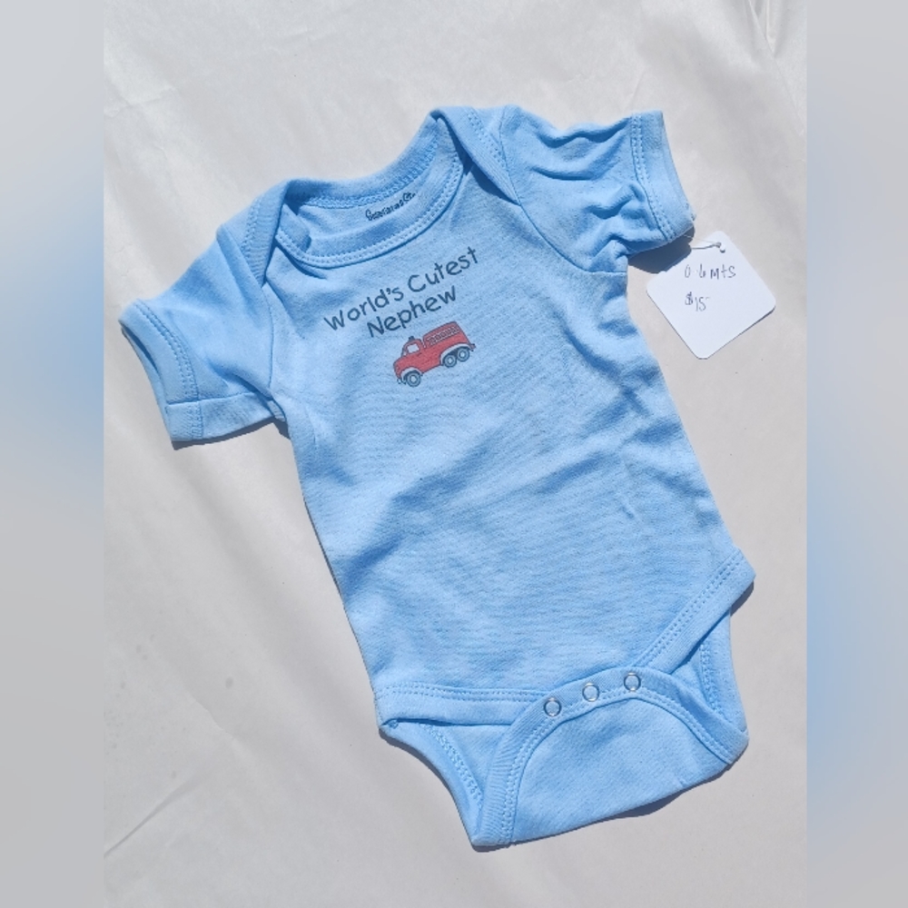 World's cutest nephew onesie with fire truck decal, blue, 0-6 months